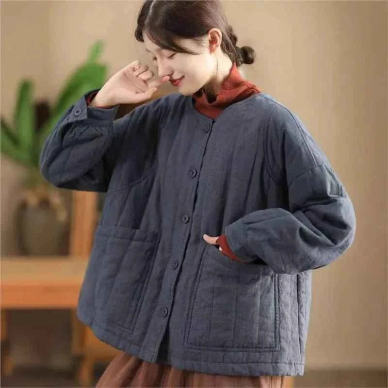 JNT Vintage Style Cotton Splicing Woman Retro Coat