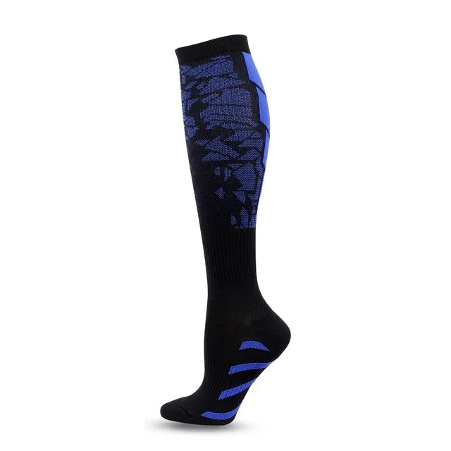 The Littles Collection Compression Socks Varicose Veins Medical Marathon feature black knee-high design with blue geometric calf patterns and blue ankle and sole accents, supporting athletic performance. Shown on a white background.