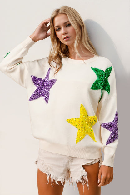 Sequin Star Round Neck Dropped Shoulder Sweater.
