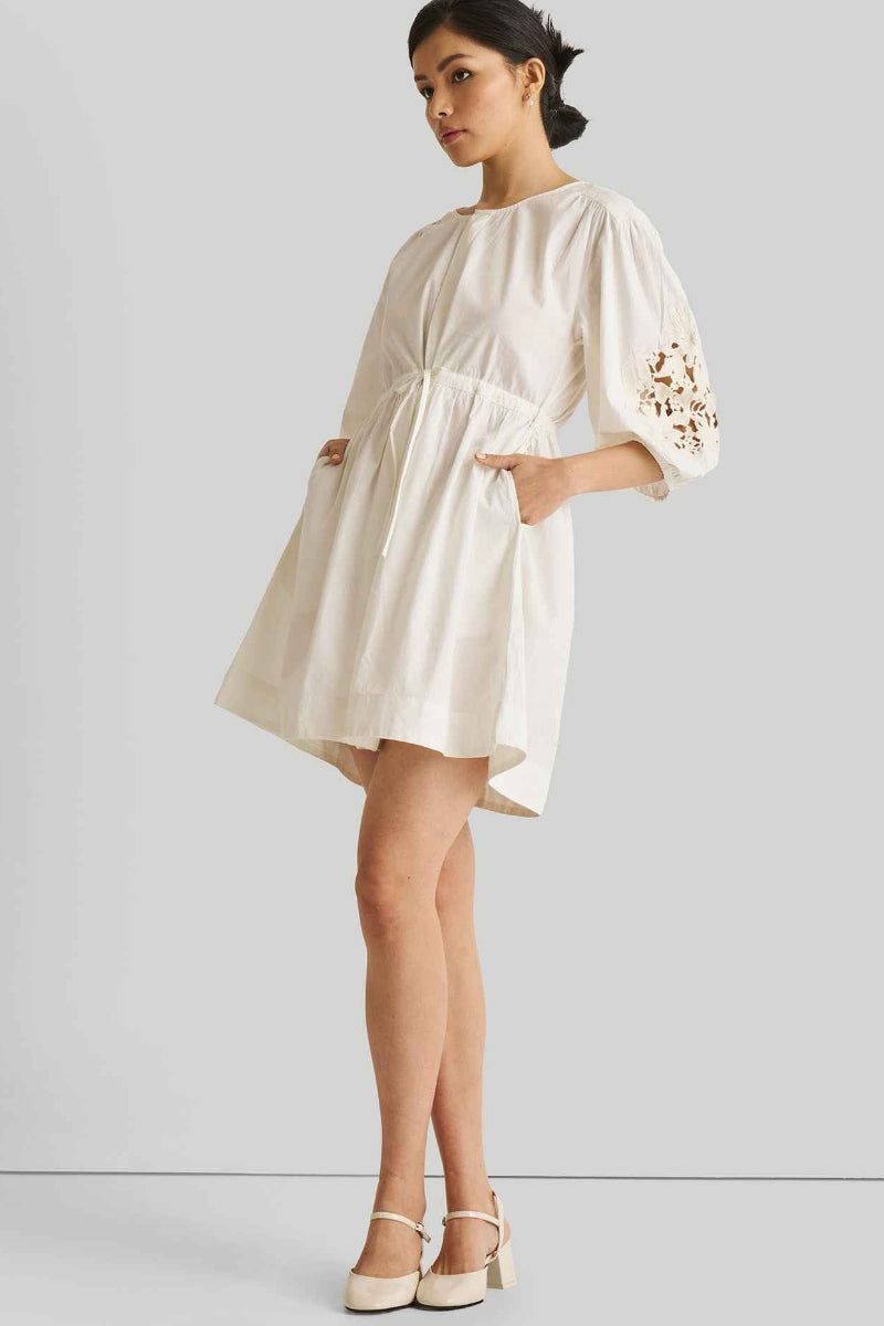Cotton Shirt Dress with Balloon Sleeves in White