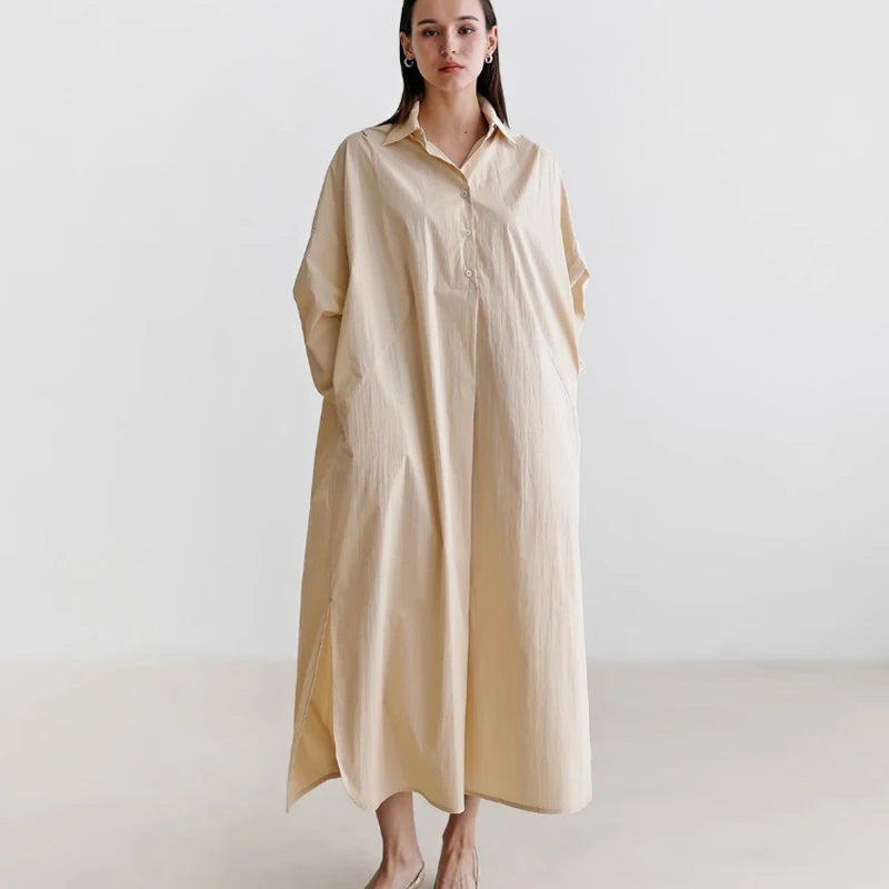 High collar white baggy shirt dress loose fit dress for any ocation. Cotton dress with pockets, side slit.