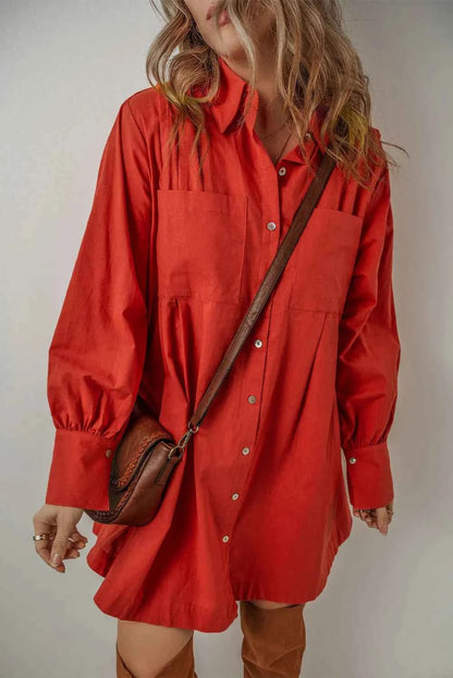 Red Long Sleeve Cotton Shirt Dress