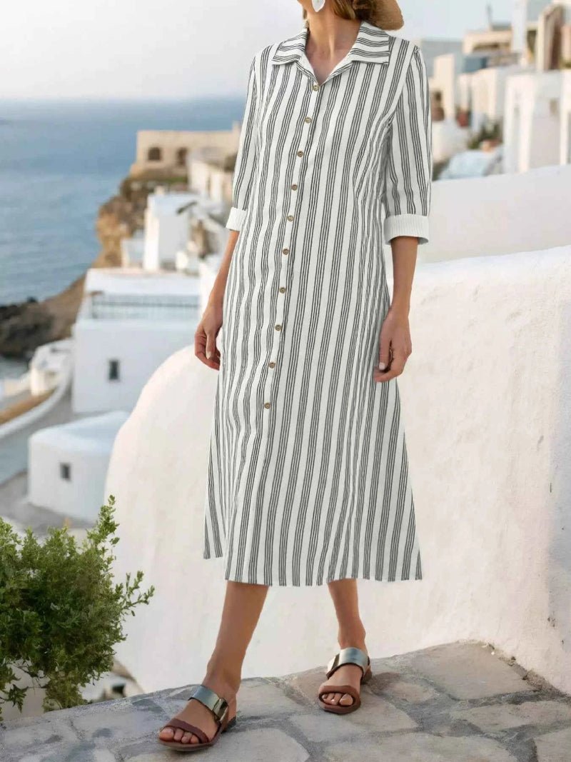 women_fashion - littlescollectionDressPlus Size Striped Button Front Midi Dressmidi shirt dress