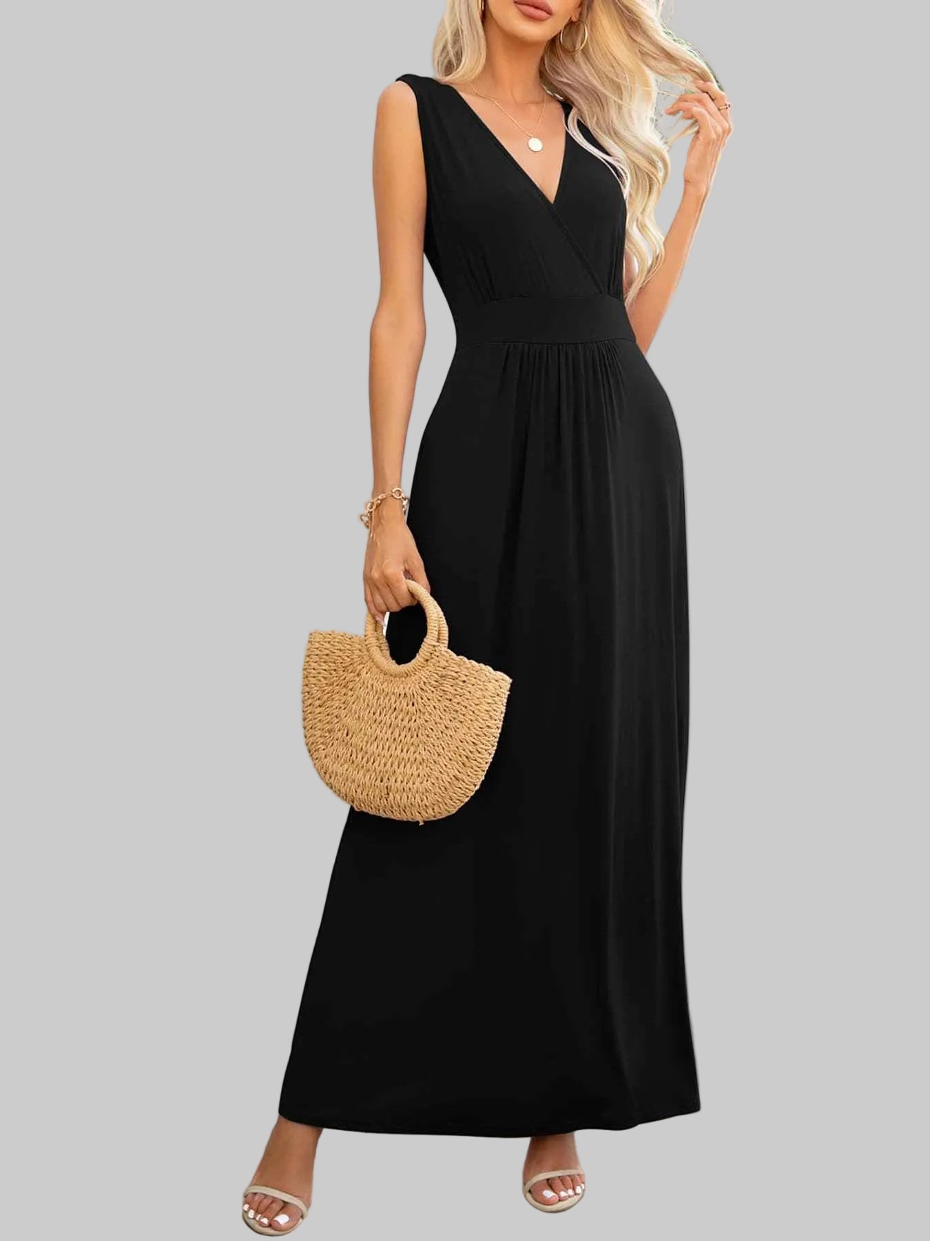 Surplice Neck Maxi Party Dress Black