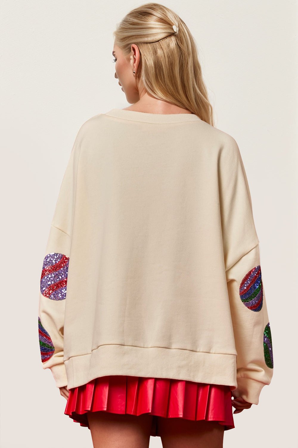 Double Take Cotton Christmas Element Sequin Round Neck Long Sleeve Sweatshirt Features: Sequin 