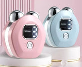 Two beauty devices, one pink and one blue, on a pink background with text about intelligent micro vibration.