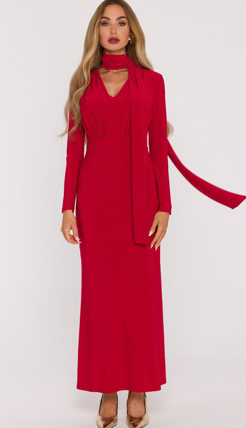 V_neck_long_dress_red