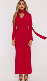 V_neck_long_dress_red