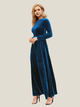 maxi dress fit and flair long full sleeve velvet blue color elegant fit