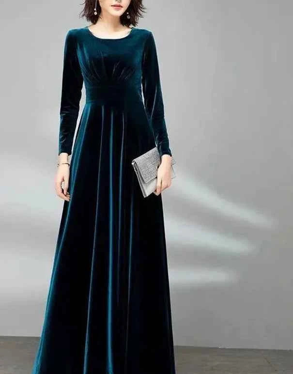 Golden Velvet Maxi Dress front blue