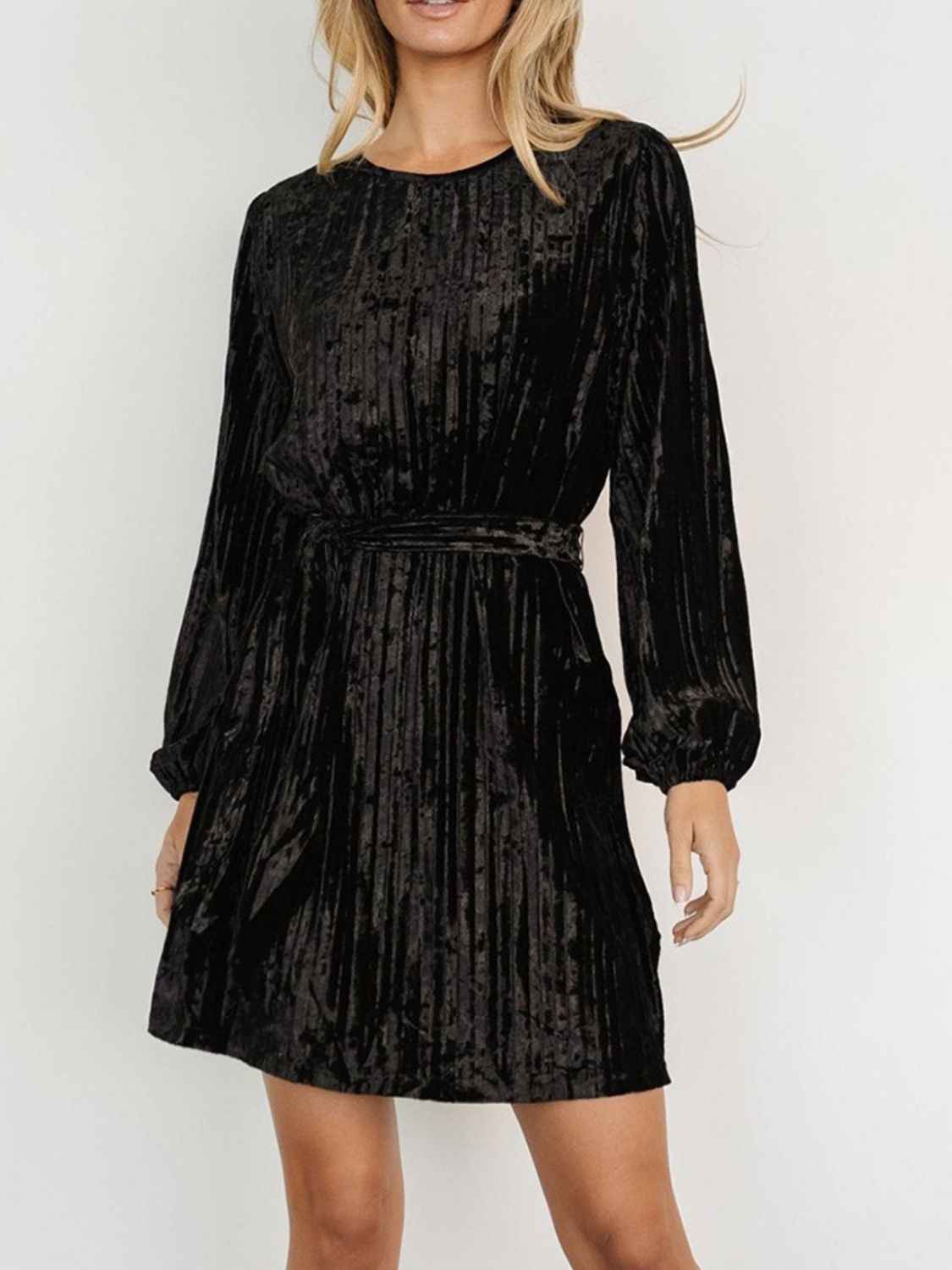 Velvet Tie Waist Mini Dress