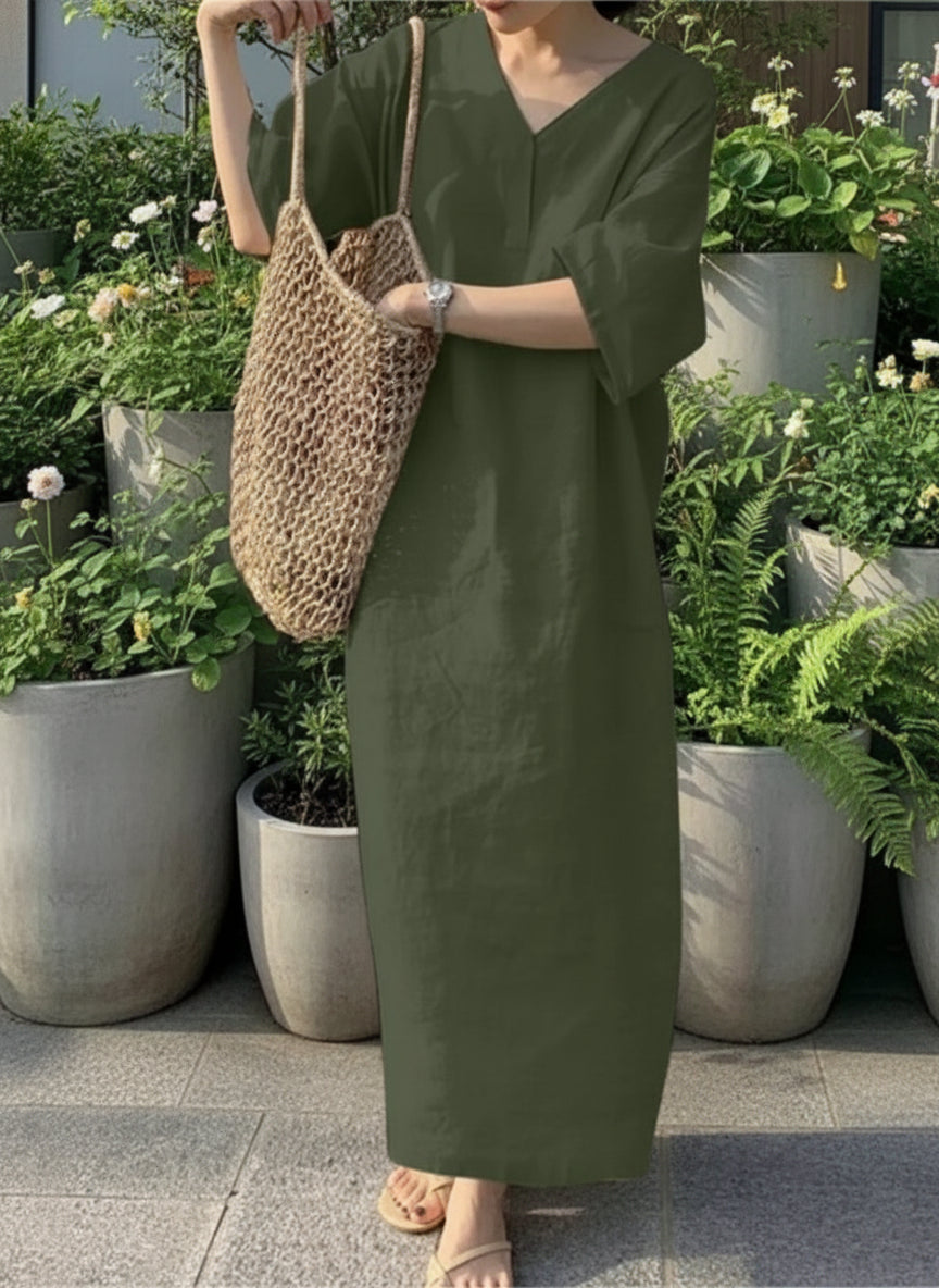 green linen midi loose fit dress women fashion - littlescollection