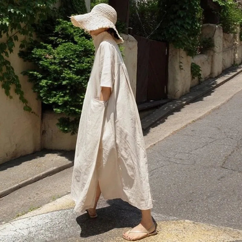Women Vintage Cotton Linen Dresses V-Neck Solid Color Robes Short Sleeve with Pockets.