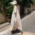 Women Vintage Cotton Linen Dresses V-Neck Solid Color Robes Short Sleeve with Pockets.