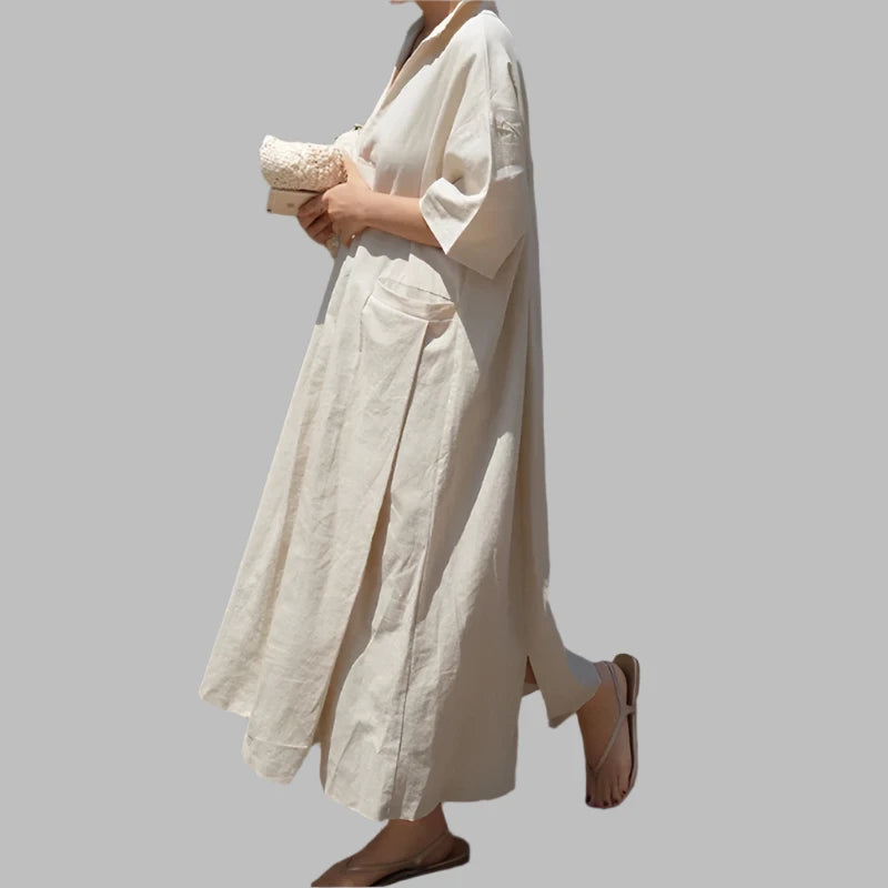 Women Vintage Cotton Linen Dresses V-Neck Solid Color Robes Short Sleeve with Pockets.