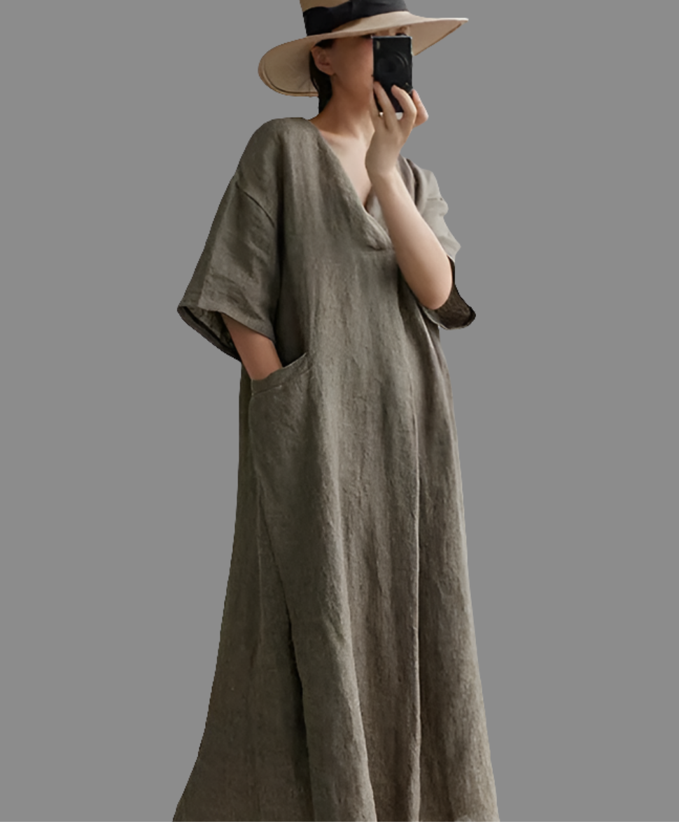 Women vintage cotton linen long dress with pockets loose fit.khaki color.