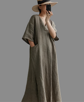 Women vintage cotton linen long dress with pockets loose fit.khaki color.