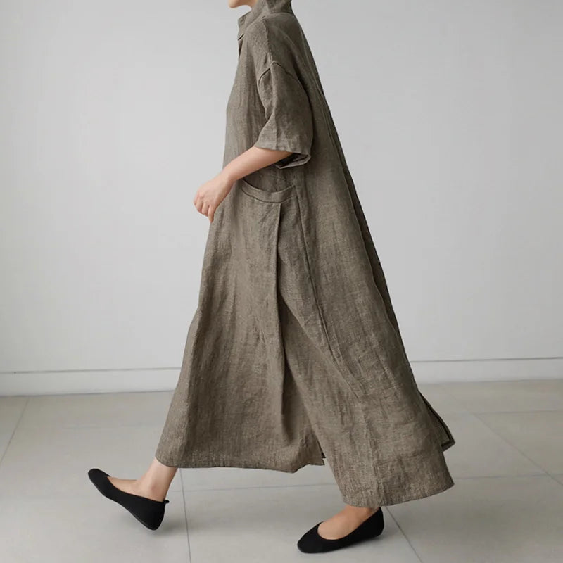 JNT Women Vintage Cotton Linen Pocket Dresses White - Littles Collection 