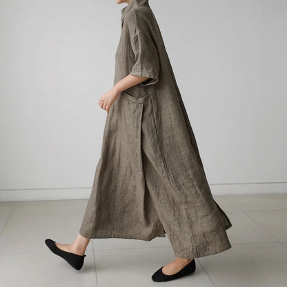 JNT Women Vintage Cotton Linen Pocket Dresses White - Littles Collection 