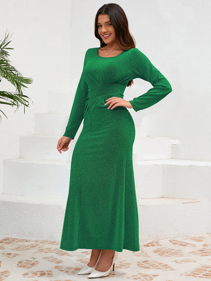 Ruched Round Neck Long Sleeve Dress - Littles Collection 