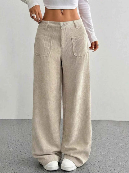 women_fashion - littlescollectionWomen pantsWide - Leg Bold Silhouette Corduroy Pantsjeans pant
