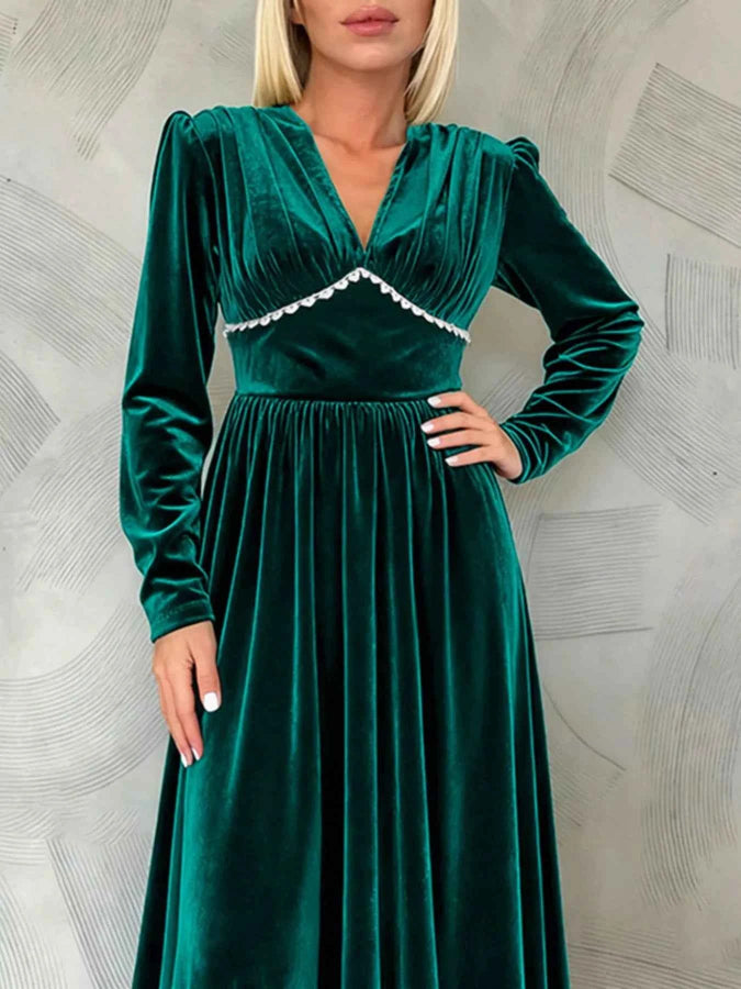 Velvet V-Neck Long Sleeve Maxi Dress