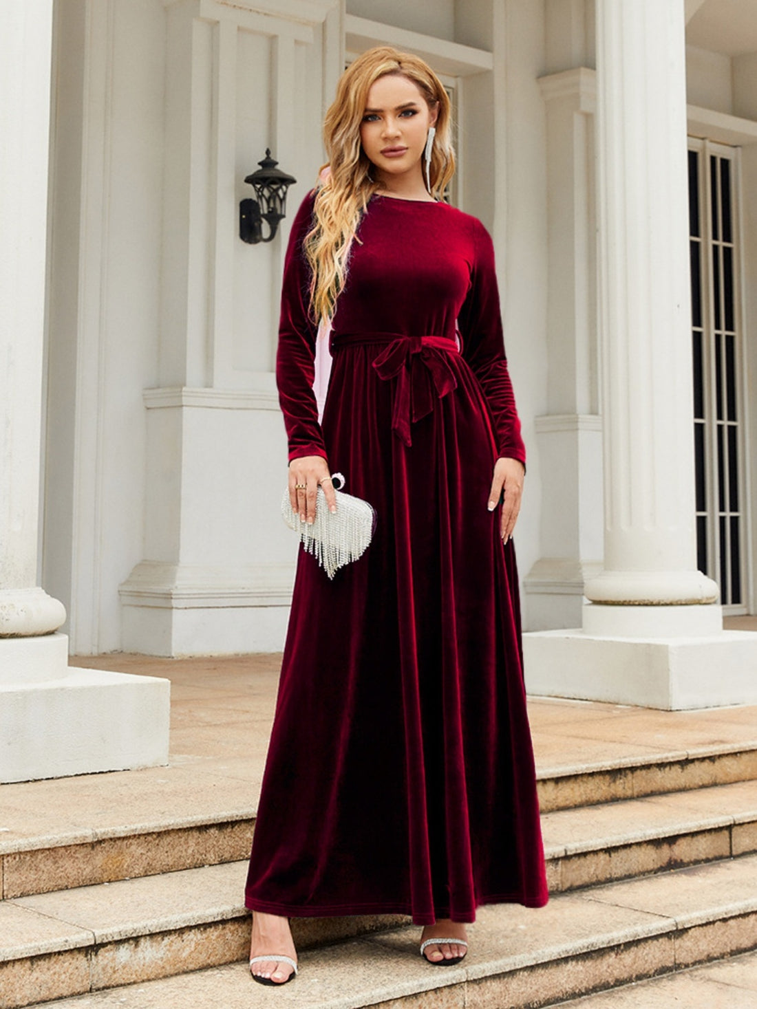 Elegant Velvet evening gown maroon long party dress formal fitted round neck dress designer 