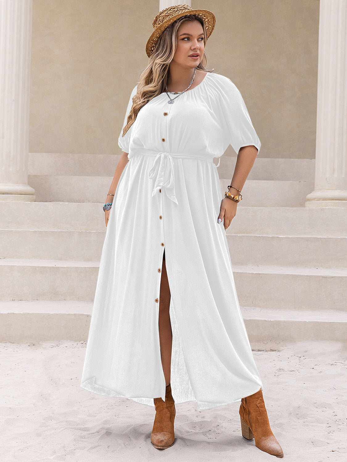 Plus Size Round Neck Half Sleeve Dress - Littles Collection 
