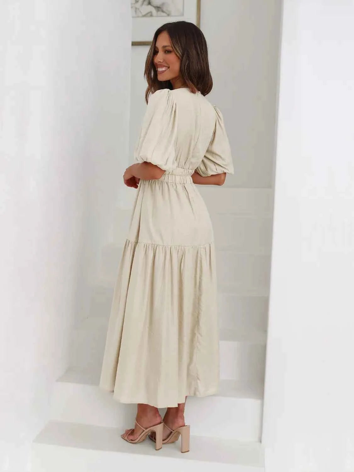 women_fashion - littlescollectionDressMulti Tiered Puff Sleeve Midi Flowey Dress