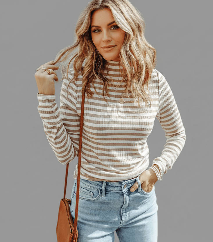 women_fashion - littlescollectionT-shirtStriped Textured Knit Long Sleeve Tee ShirtSYNZ