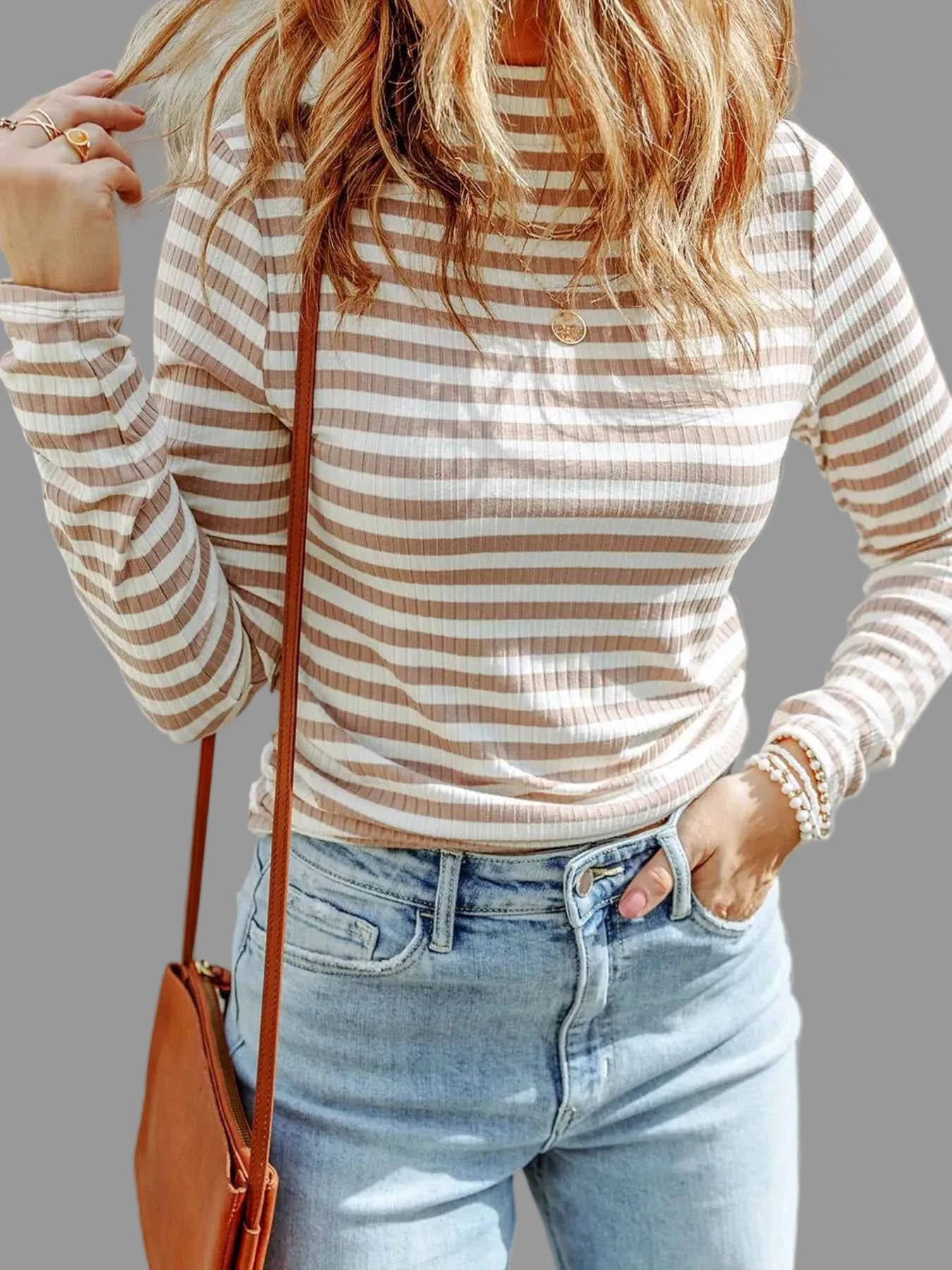 women_fashion - littlescollectionT-shirtStriped Textured Knit Long Sleeve Tee ShirtSYNZ