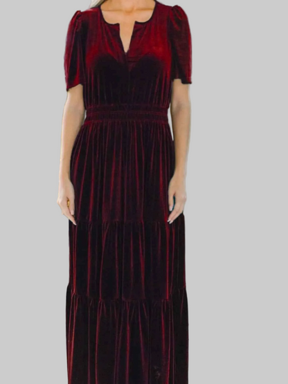 Velvet Tiered Short Sleeve Maxi Dress