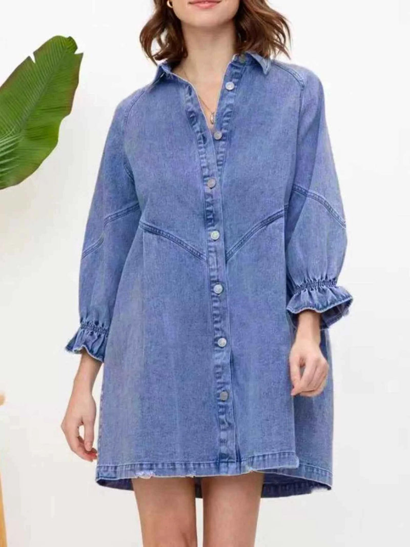 Ruffled Cuff Button-Down Denim Dress