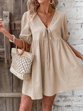 women_fashion - littlescollectionCotton dressV - Neck Tie - Front Mini Dress with Puff Sleeveslittlescollection