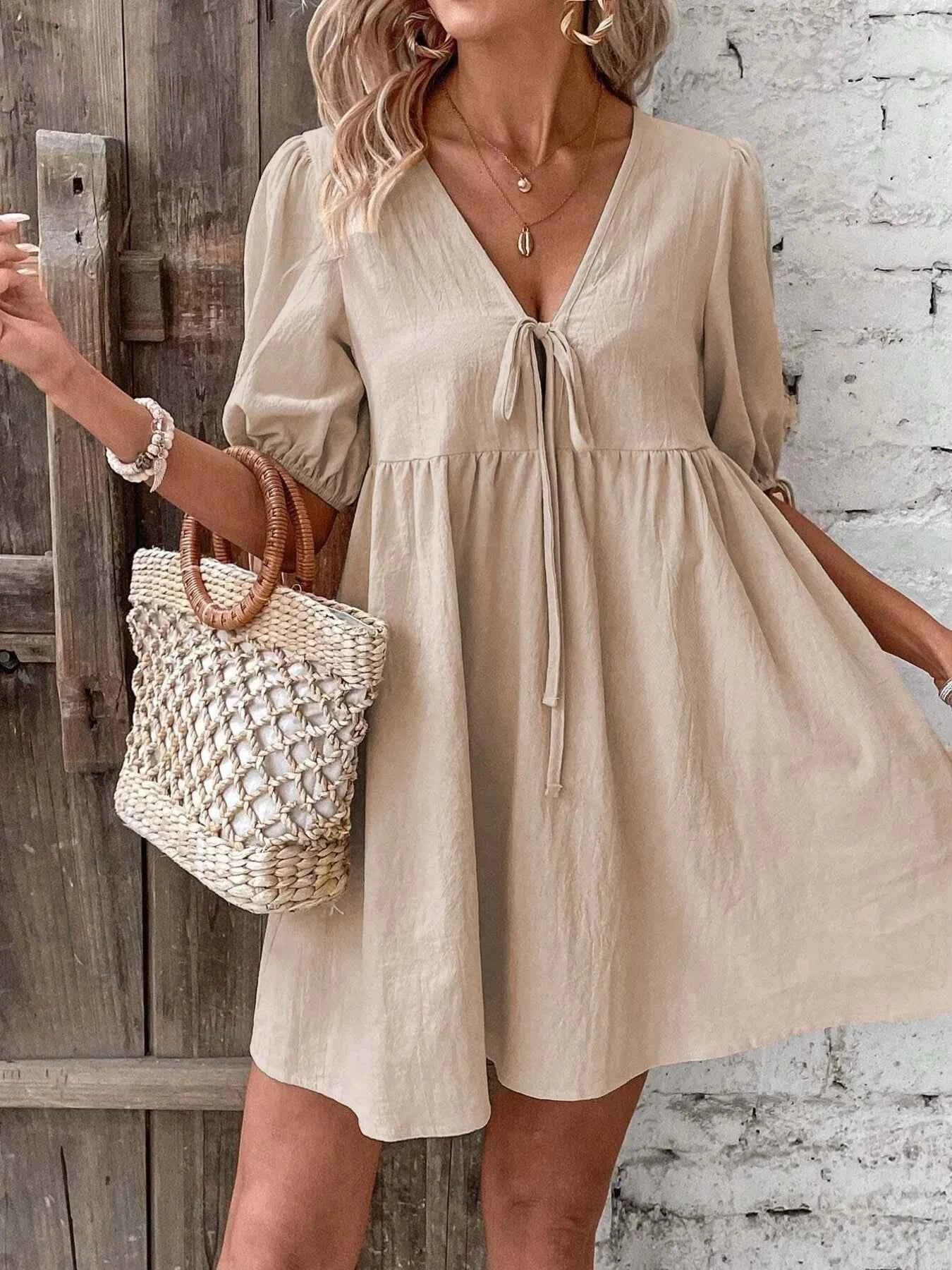 women_fashion - littlescollectionCotton dressV - Neck Tie - Front Mini Dress with Puff Sleeveslittlescollection