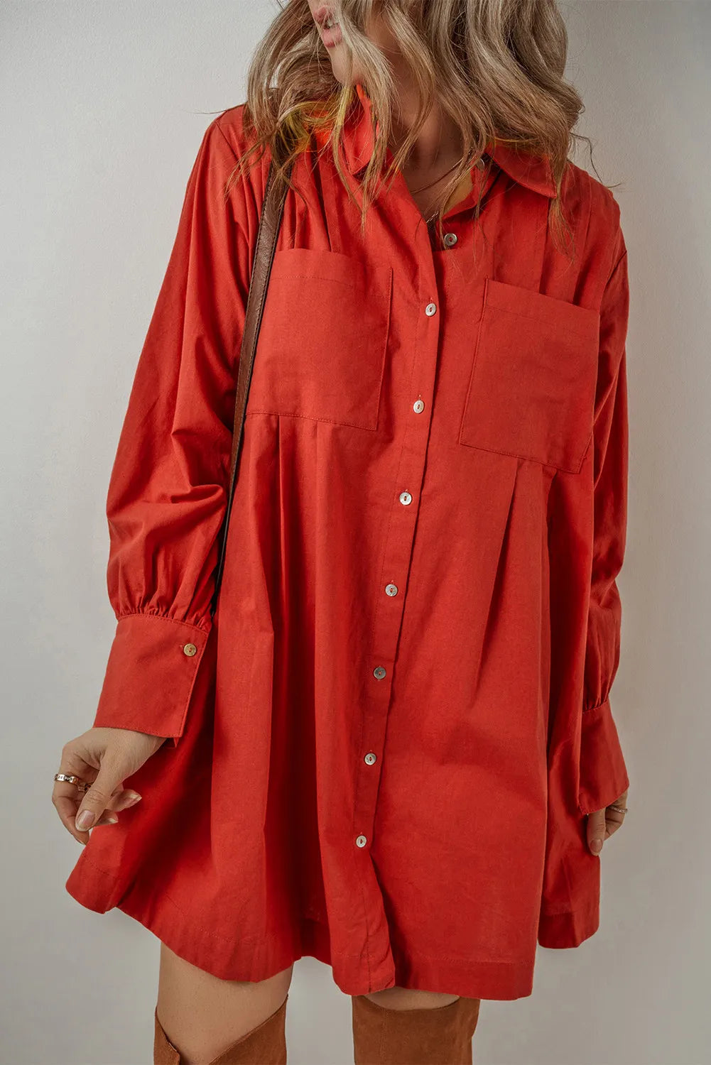 Pocketed Button Down Long Sleeve Shirt Dress - Littles Collection 