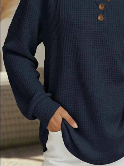 women_fashion - littlescollectionCasual Waffle Knit Long Sleeve T-Shirt Plus Size