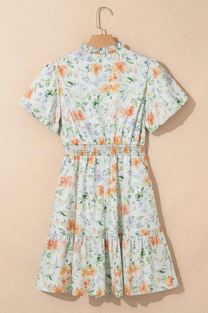 Frill Notched Puff Sleeve Dress