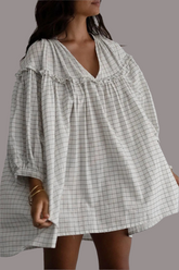 Frill-Plaid-Notched-Balloon-Sleeve-Mini-Dress