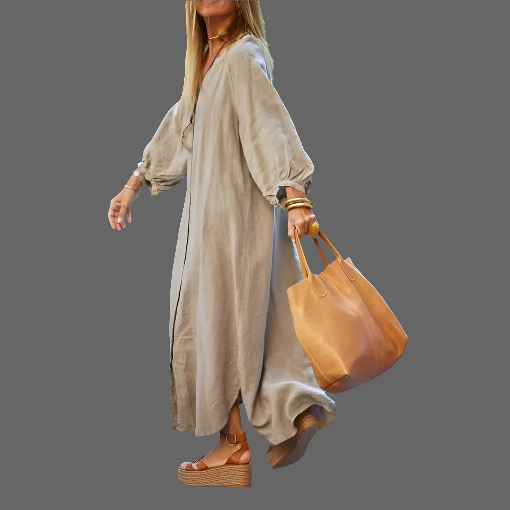 Baggy loose dress long flair sleeve v neck comfortable linen fabric.