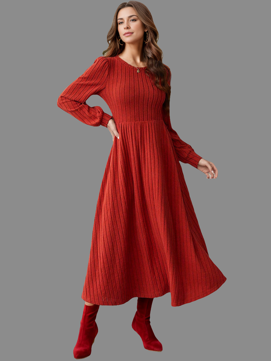 Ribbed Round Neck Long Sleeve Dress - Littles Collection 