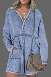 Loose button up denim midi dress full sleeve patch pockets washed blue color casual vacation dress