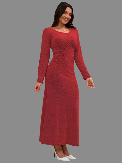 Ruched Round Neck Long Sleeve Dress - Littles Collection 