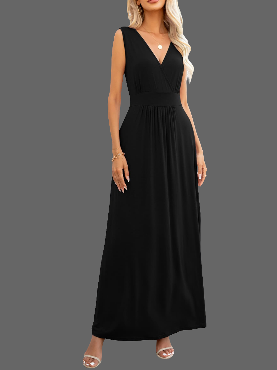 Surplice Neck Maxi Party Dress Black - Littles Collection 