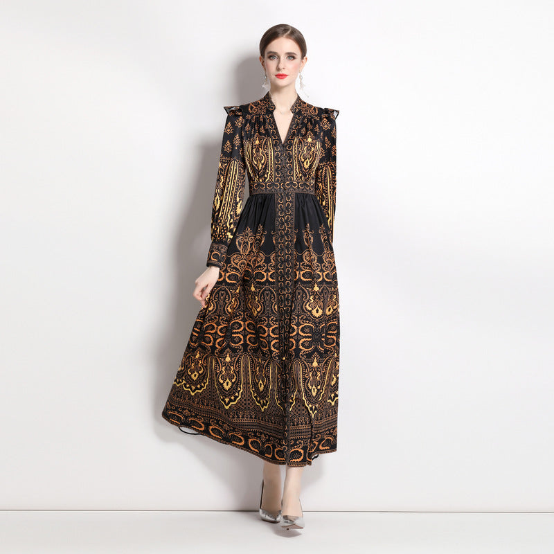 Vintage court style v nicke midi a-line dress with collar black.