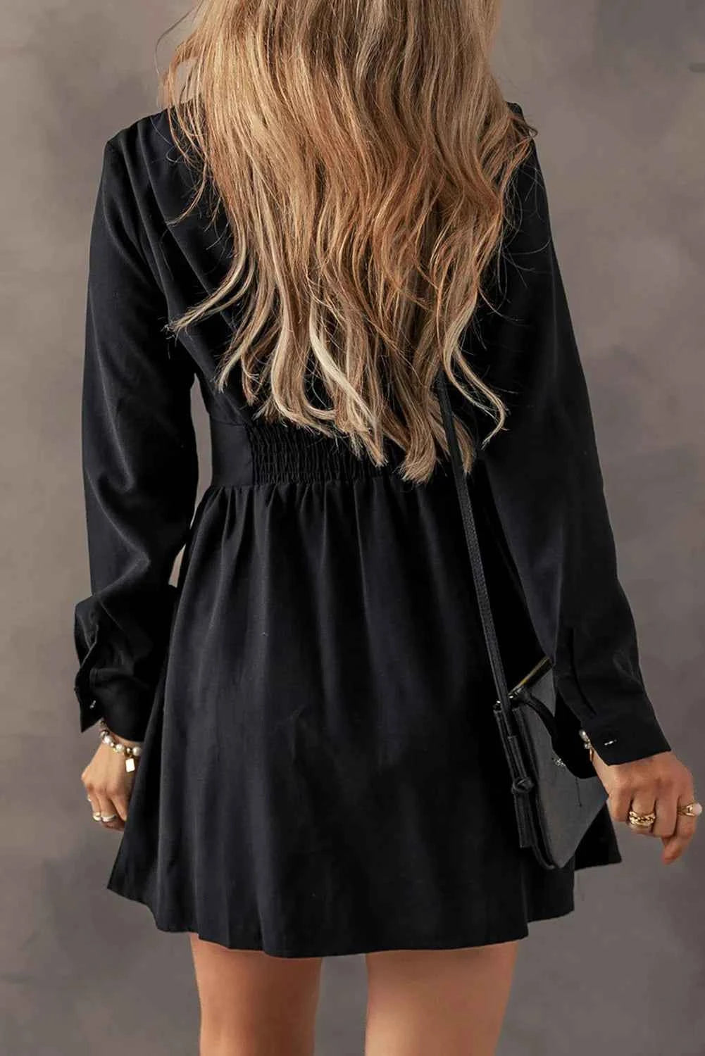 Ruched Button Up Black Dress