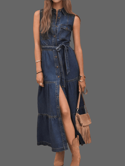 button-front_sleeveless_Denim_Dress_combines_classic_style-women_fashion - littlescollection