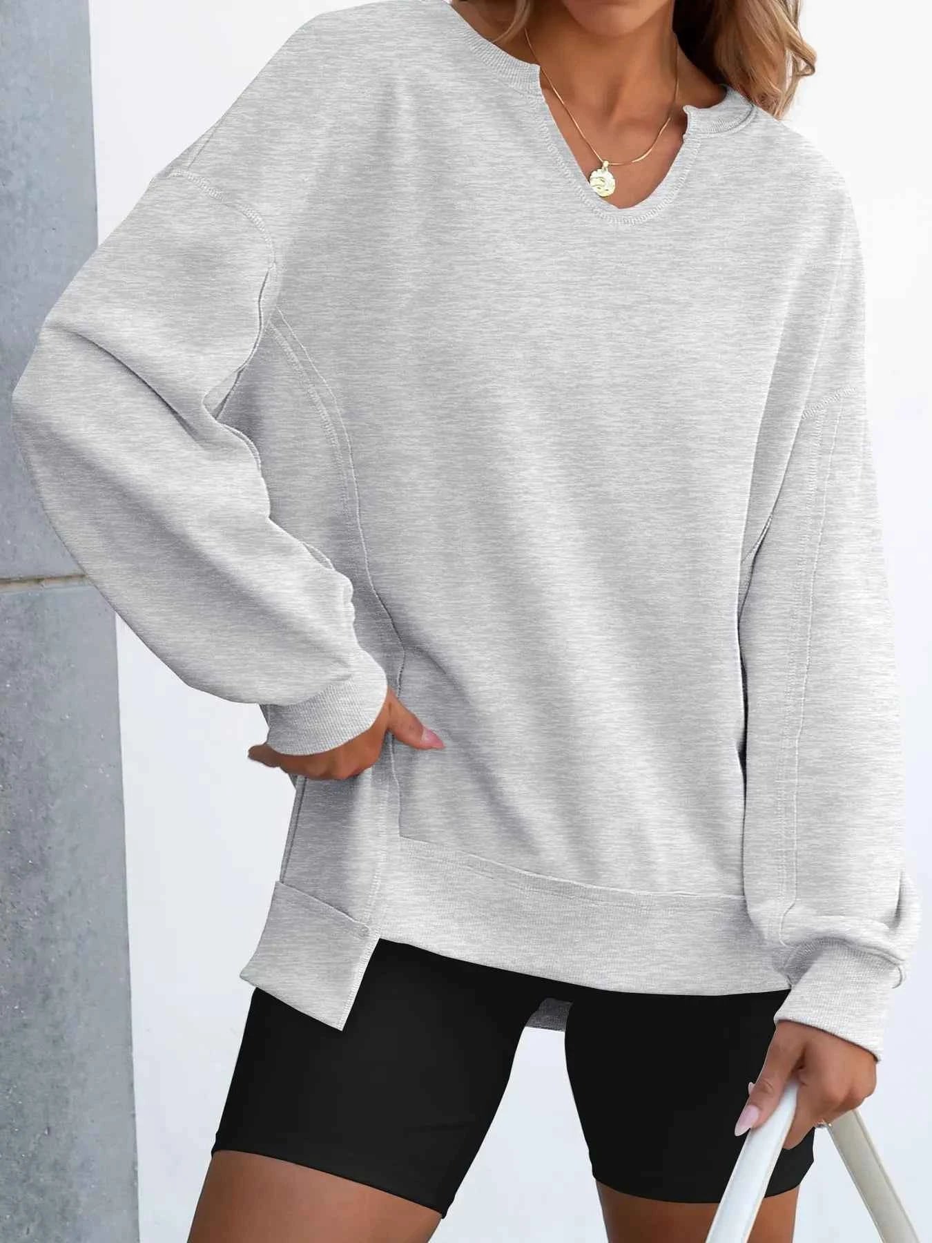 women_fashion - littlescollectionSweatshirt womenNotched Long Sleeve Oversized Contrast Trimming SweatshirtShip From Overseas