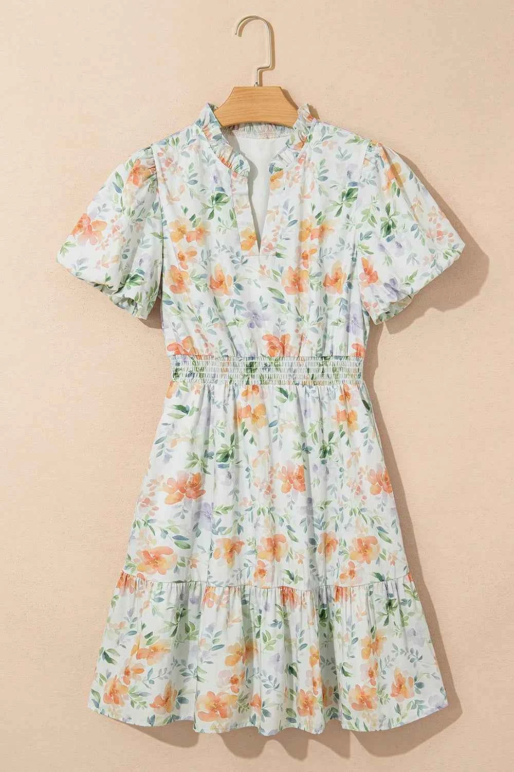 Frill Notched Puff Sleeve Dress