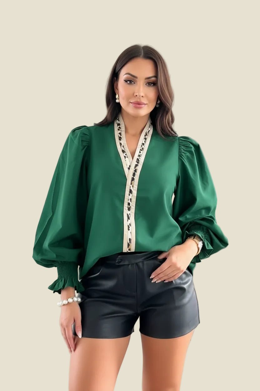 women_fashion - littlescollectionblousePuffy Flounce Sleeve Leopard Trim Green Cotton BlouseSYNZ